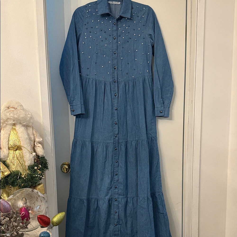 NWOT Maison Jules Blue Long Sleeve Denim Dress